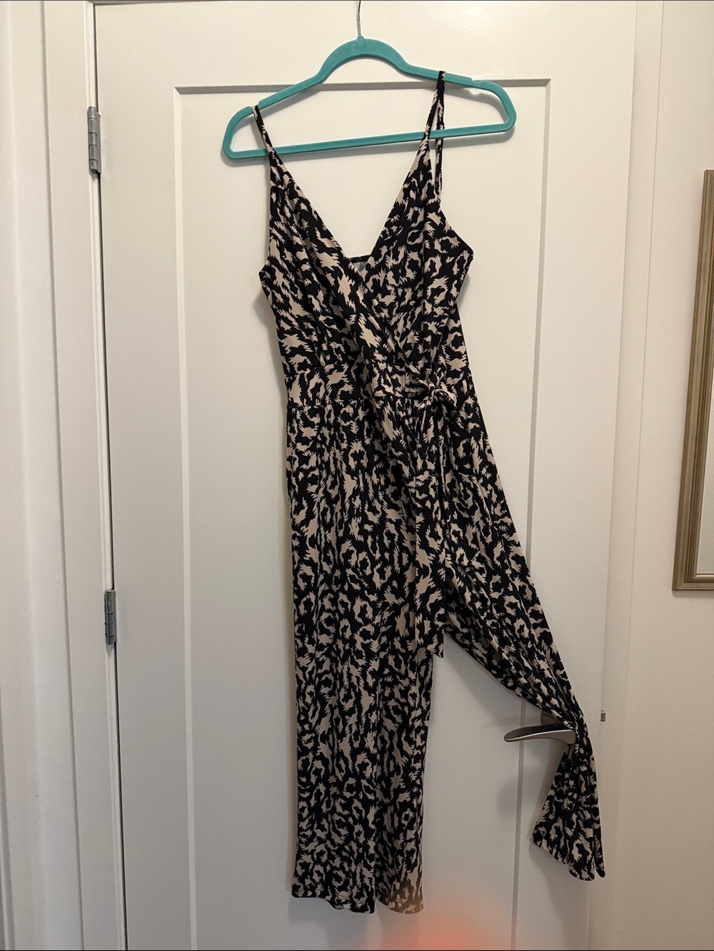 Kaileigh Black and Beige Printed Spaghetti-Strap Jumpsuit